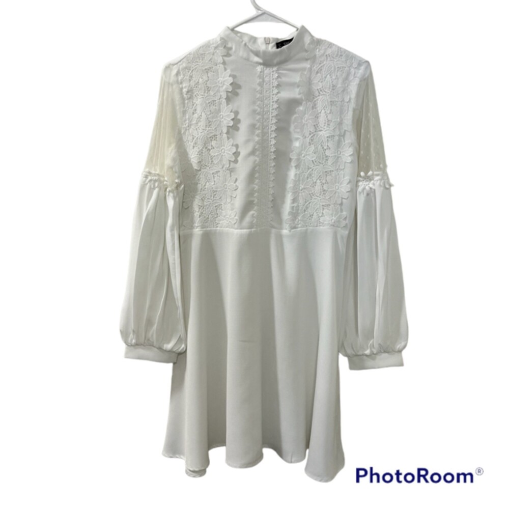 Shein Womens White Floral Guipure Lace Shift Dress Sheer Bishop Sleeve Sz M